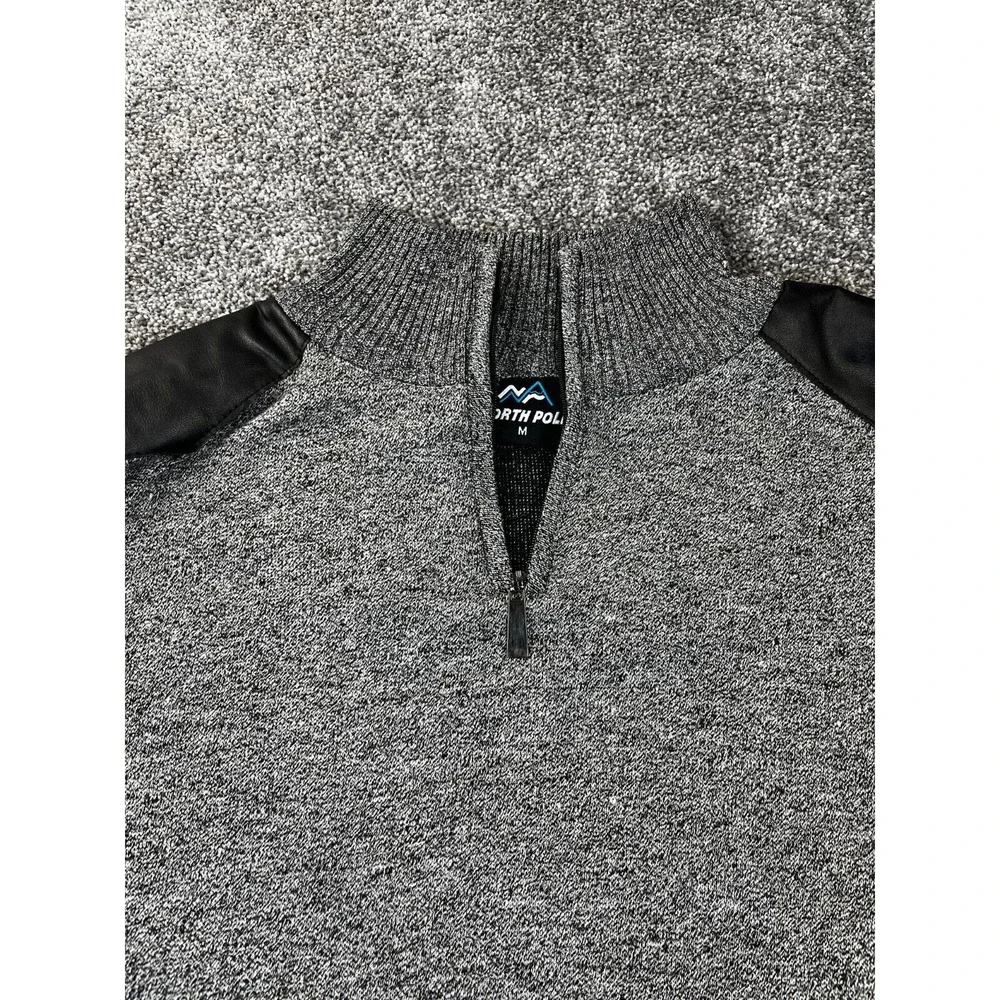 North Pole Sweater Mens M Quarter Zip Knit Gray/Black Suede Shoulder Pullover - Picture 4 of 9